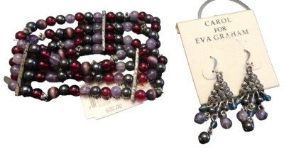 Lot Vtg Carol for Eva Graham dangle earrings filigree Purple beads & Bracelet 