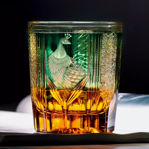 Amber Green Whiskey Glasses Japanese Style Hand Cut Crystal Kiriko Glass 8.5oz - Picture 2 of 12