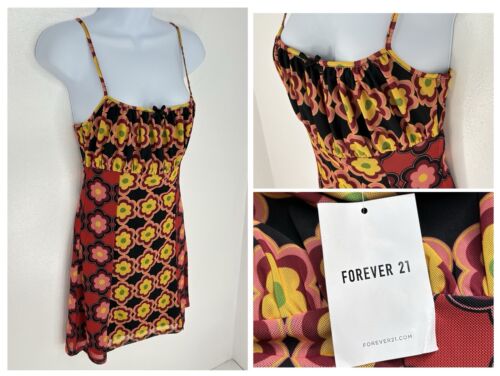 Forever 21 NWT Floral Babydoll Mesh Overlay Dress Size Small 70's Retro Hippie