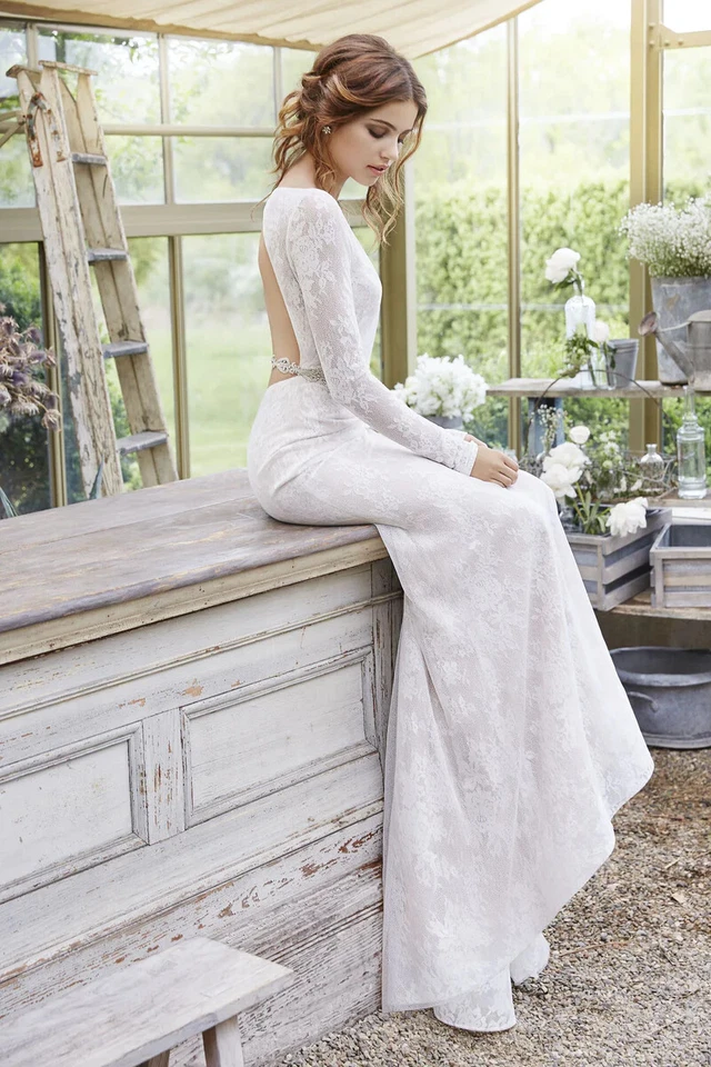 TARA KEELY - 2653 VESTIDO DE MUESTRA Manga Larga Encaje Marfil Talla 4 Sirena Modesto $4500 Foto 4 de 4