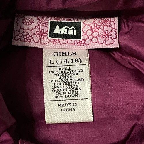 REI Puffer Vest Girls Teen Size L Pink Goose Down Quilted Embroidered Outdoor - Picture 5 of 5