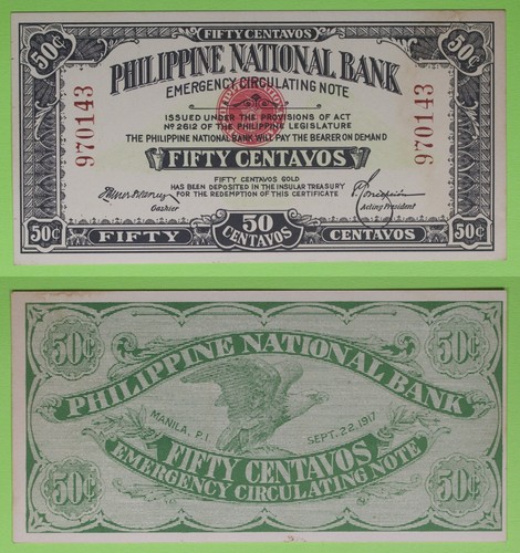 1917 Philippine National Bank 50 Centavos ~ WWI Emergency Issue ~ UNC ~ P#41 ~43