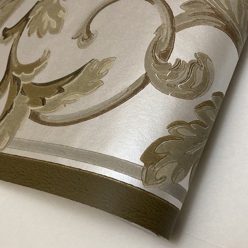 Victorian Metallic Silver Olive Green Scroll Leaf Wallpaper Border - Picture 6 of 9