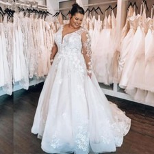 A-line Wedding Dresses V-Neck Lace Applique Sweetheart Long Sleeves Gowns Train