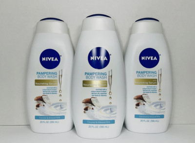 3x NIVEA Pampering Coconut and Almond Milk Body Wash with Nourishing Serum, Mois