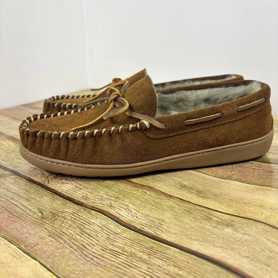Minnetonka Mens 11 M Brown Suede Moccasin Slippers Faux Fur Hardsole Shoe 41353 - Image 3 of 4