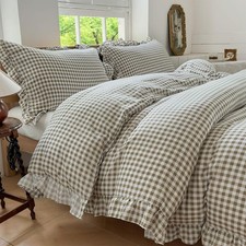 Tan Gingham Ruffle Duvet Cover Queen Size, 3 Pieces Taupe Soft Pre-Washed Mic...