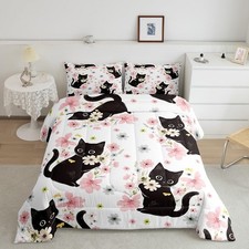 Comforter Set Twin Size Black Butterflies Cats Kitten Flowers with 1 Pillow Case