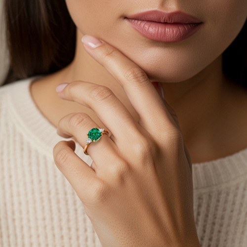 14k Gold 2 Ct Cushion Lab Grown Emerald & Trillion Diamond Ring for Women - Picture 3 of 8