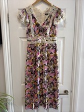 French Connection Orchid Lace Trim Lilac Floral Long Dress - Size 8