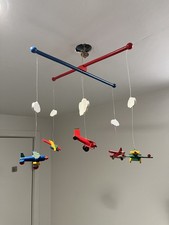 Decorative Wooden Airplane Mobile with 5 Hanging Planes with clouds for nursery
