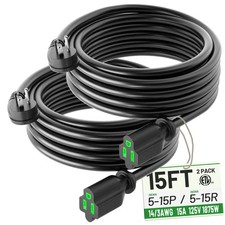 2 Pack 15 Foot Flat Plug Extension Cord Black 14/3 Gauge Indoor Short Extension