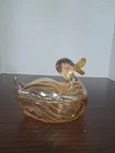 Vintage Jeanette Duck On A Nest Marigold Carnival Glass Dish Repair On Tail