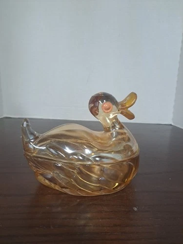 Vintage Jeanette Duck On A Nest Marigold Carnival Glass Dish Repair On Tail