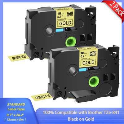 2x AZe841 Black on Gold 3/4'' Laminated Tape Compatible For Brother PTD400 PTD450