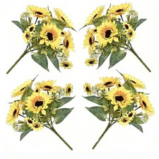 4pk Artificial Sunflower Bouquets 12 Inch Fake Floral Stems Green Leaves Home