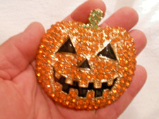 VTG Halloween Rhinestone Jack- o-Lantern Fashion Metal Gold Tone Brooch Pin 3"