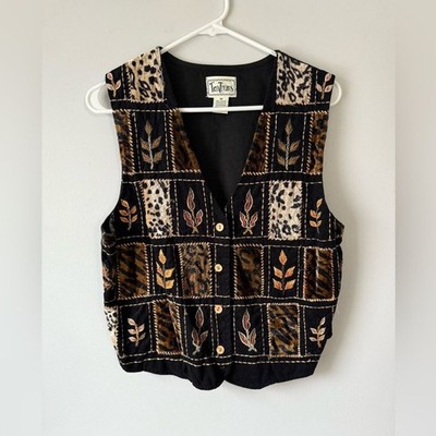 VTG Tantrums Funky Black Brown Patterned Vest Retro Cheetah Leopard Print S M