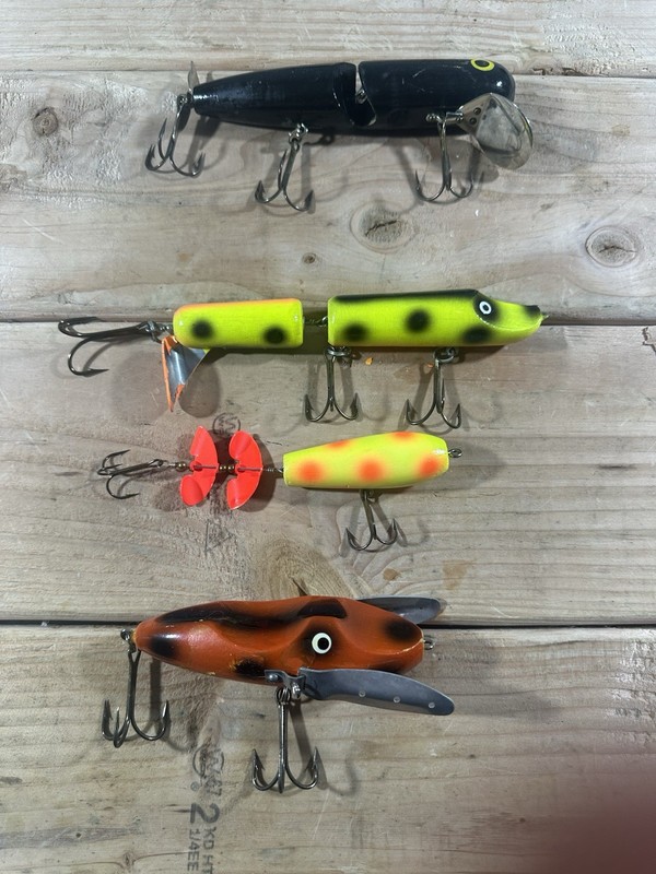 Vintage Musky Pike Topwater Fishing Lure Lot of 4 Creeper Surface Baits Wood