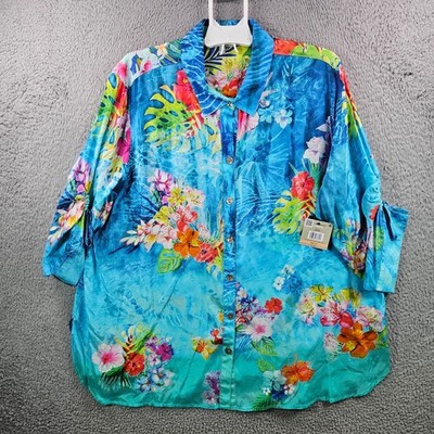 $119 NEW John Mark Shirt Top Women 2X Island Dreaming Floral Print Colorful Blue