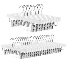 Deluxe Wooden Pants Hangers, Solid Lotus Wood, with Clips, Pack of 28, White