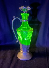 Cambridge Uranium Glow Vaseline Glass Decanter w/Stopper, Silverplate Holder