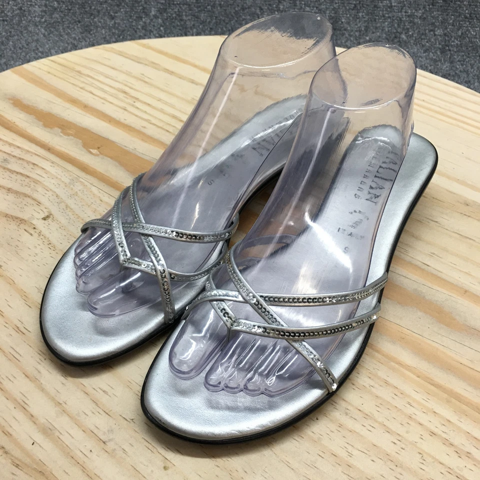 Italian Shoemakers Sandals Womens 9 Slide Silver Faux Leather Sequin Embellished - Image 3 of 4