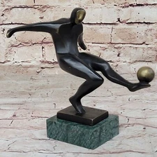 Art Deco Bronze Sculpture Football Soccer player Trophy Statue on Marble Base