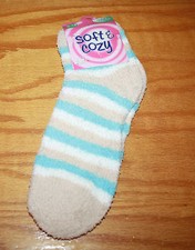 Warm Fuzzy Socks Tan, Teal, White Stripes Over Ankle Women