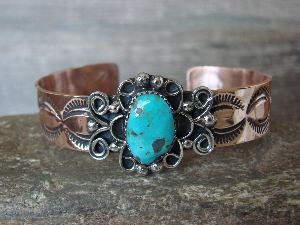 Navajo Indian Copper Turquoise Cuff Bracelet by Cleveland