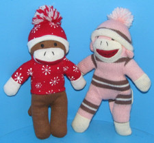 Winter Sock Monkey Lot of 2: Red Snowflake Pink Dan Dee Collectors Plush 10"