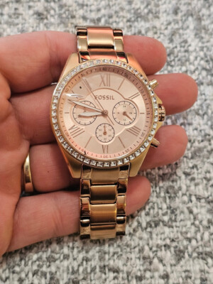 FOSSIL BQ1774 MODERN COURIER ROSE GOLD SWAROVSKI CRYSTAL BAGUETTE BEZEL STONES.