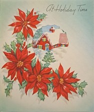 Christmas Card Vintage - Die Cut Window Scene - Red Cottage with Poinsettias