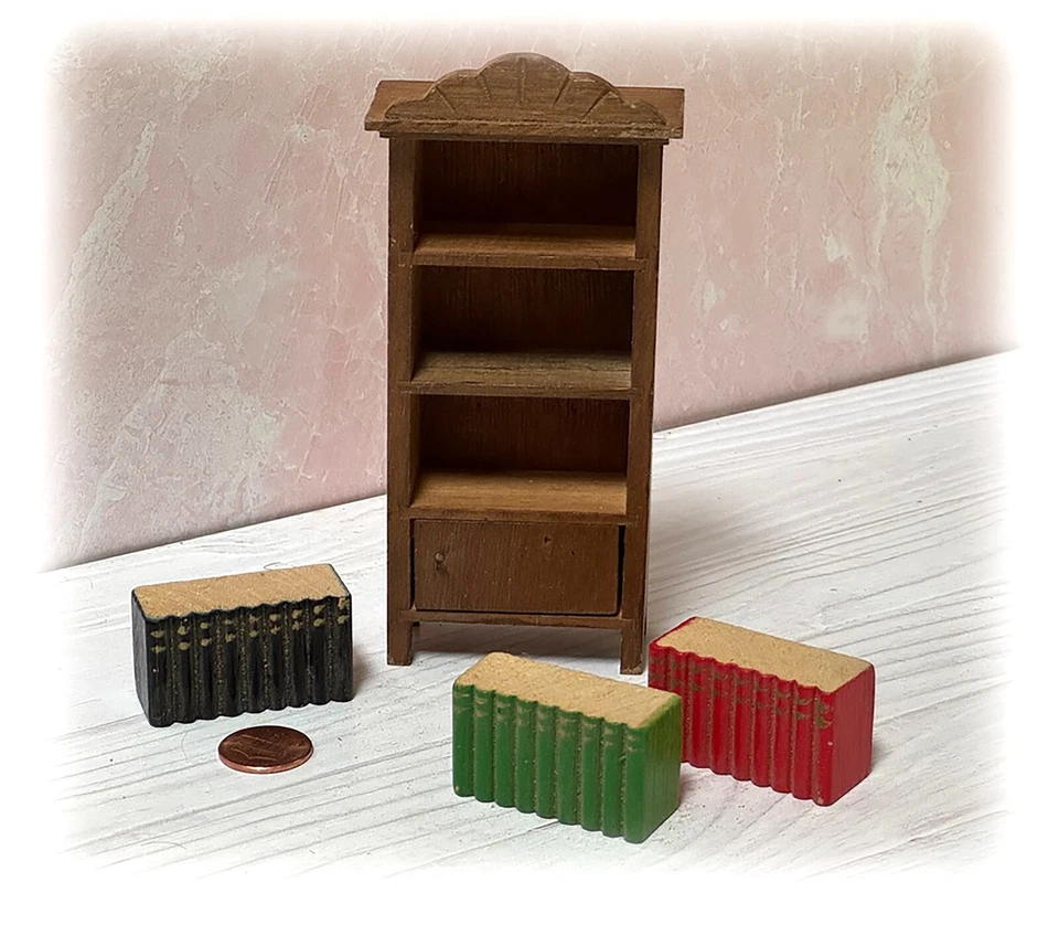 老式Shackman娃娃屋1:12中号棕色书柜带可移动书籍,门 — 第 3/4 张图片