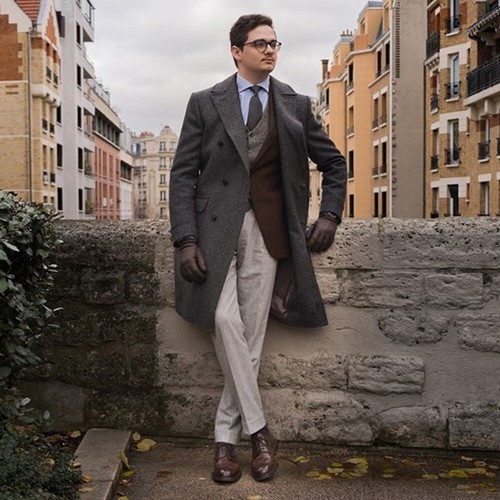Drak Gray Men Tweed Overcoat Double Breasted Wool Casual Outdoor