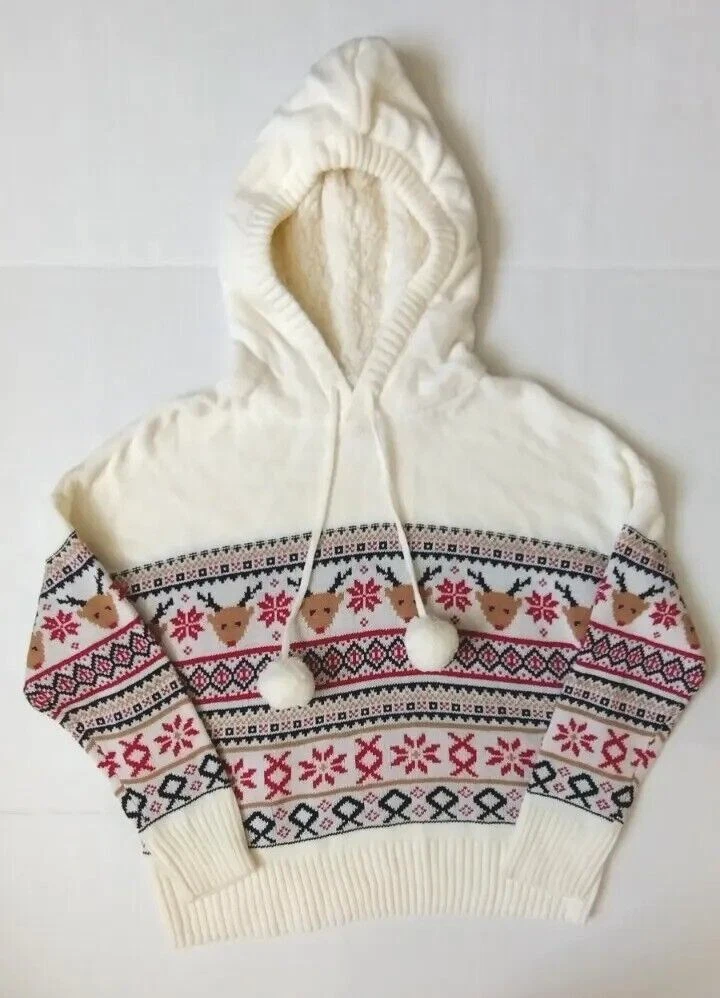 No Boundaries Sherpa Hoodie Sweater Pom Poms Ivory w Reindeer