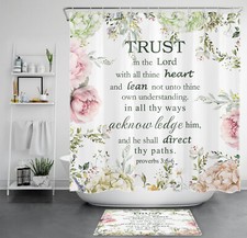 Bible Verse Spring Green Leaf Pink Floral Shower Curtain Set for Bathroom Decor