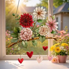 Mixed Floral Branch Acrylic Suncatcher, Heart Dangles Window Decor Gift