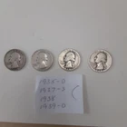 Lot of 4 Washington Quarters 1935-D, 1937-S, 1938, 1939-D, Circ. 90% Silver