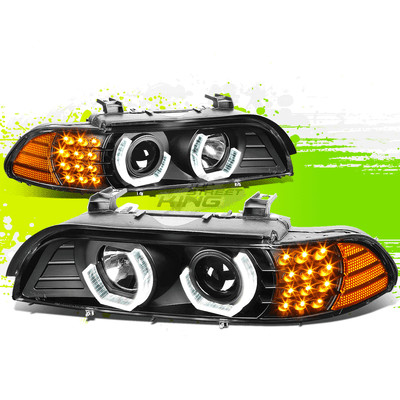 LED DRL U-Halo Projector Headlight for BMW 5-Series E39 96-03 Black Amber L+R