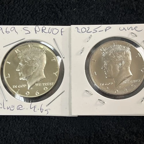 1969 Kennedy S Proof 40% silver and 2025 P  Half Dollars Both Uncirculated Coins