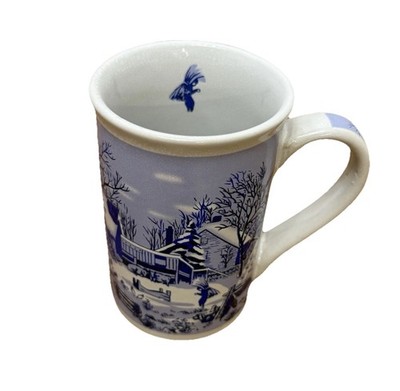 Blue & White COFFEE MUG Detailed Winter Barn Scene and Small Bird Inside 12 oz.