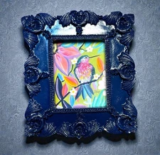 Hummingbird miniature art watercolor print in vintage style ornate frame