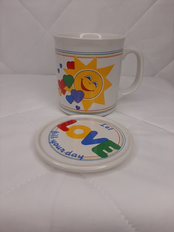 Vintage 1980's Sunshine Lidded Mug “Let Love Fill your Day" Teachers Cup