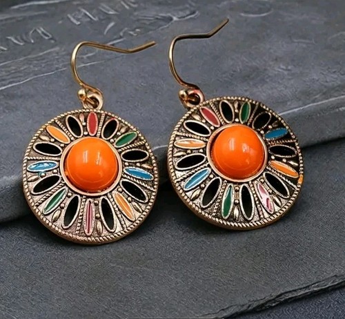 Bohemian multi coloured boho fashion Earrings In gold Plate.drop Dangle - Picture 6 of 7