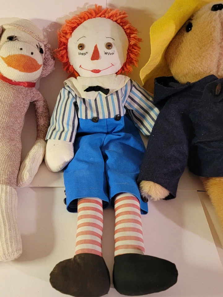 3 Vntg Handmd Iconic Plush 17" Paddington Bear 17" Sock Monkey 21" Raggedy Andy - Image 3 of 4