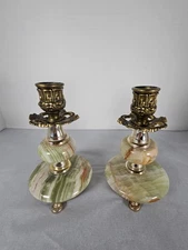 Vintage Pair of Italian Cream/Green Gilded Metal Candlesticks by Aram With Label