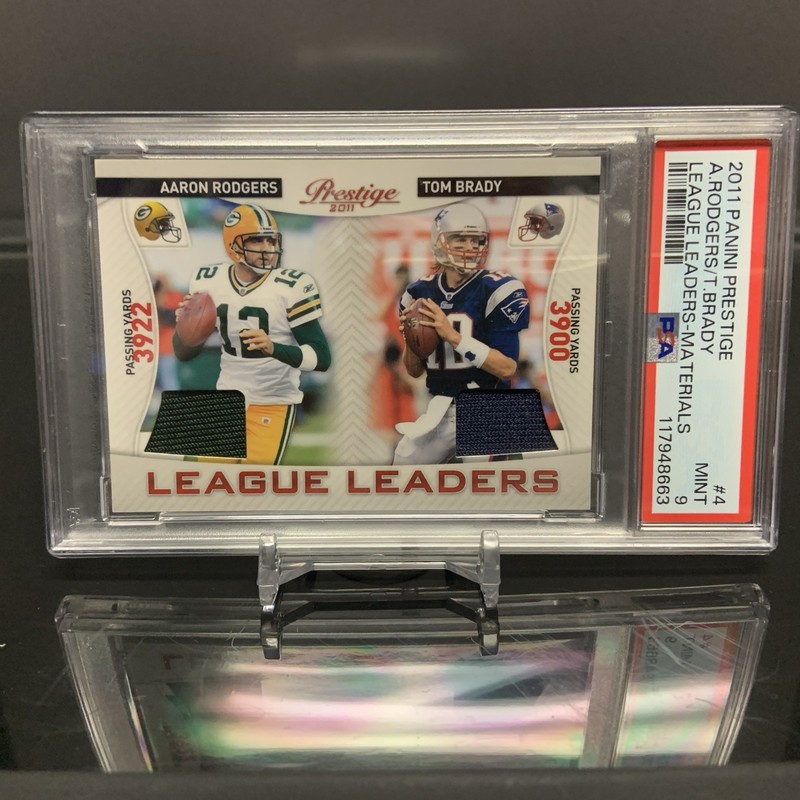 Tom Brady & Aaron Rodgers 2011 Prestige Leaders Game Worn Patches #/200 PSA 9
