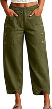 Womens Waist Pants Button Leg Wide Elastic Pockets Split Side Linen High Hem