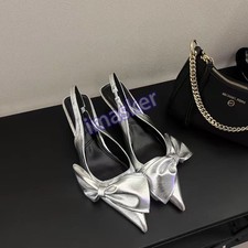Women Pointed Toe Mid Kitten Heel Bowties Slingback Shoes Pumps Sandals Dress